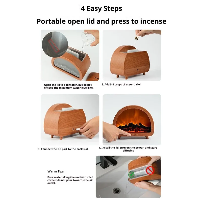 Fireplace Flame Aroma Diffuser 7 Color Atmosphere Light Humidifier Remote Control Auto Shut-Off for Home Desktop - Black