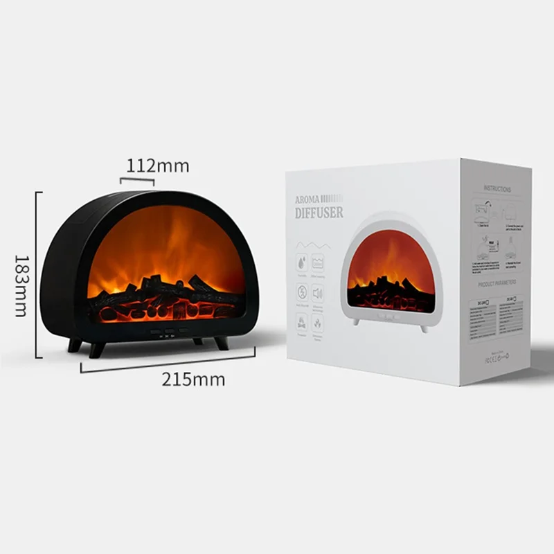 Fireplace Flame Aroma Diffuser 7 Color Atmosphere Light Humidifier Remote Control Auto Shut-Off for Home Desktop - Black