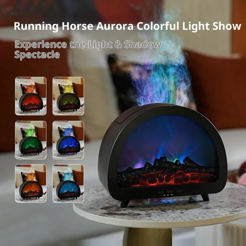 Fireplace Flame Aroma Diffuser 7 Color Atmosphere Light Humidifier Remote Control Auto Shut-Off for Home Desktop - Black