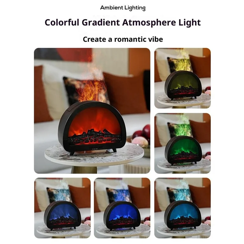 Fireplace Flame Aroma Diffuser 7 Color Atmosphere Light Humidifier Remote Control Auto Shut-Off for Home Desktop - Black