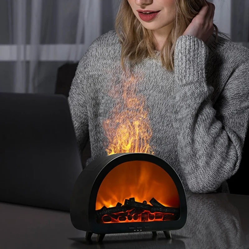 Fireplace Flame Aroma Diffuser 7 Color Atmosphere Light Humidifier Remote Control Auto Shut-Off for Home Desktop - Black