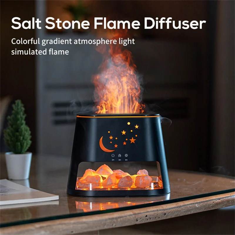 USB Salt Stone Flame Diffuser 3D Fire Effect Air Humidifier with 7 Color Lights for Home / Office Desktop - Black