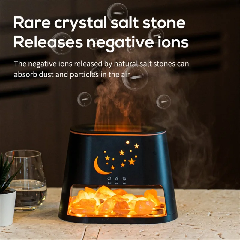 USB Salt Stone Flame Diffuser 3D Fire Effect Air Humidifier with 7 Color Lights for Home / Office Desktop - Black