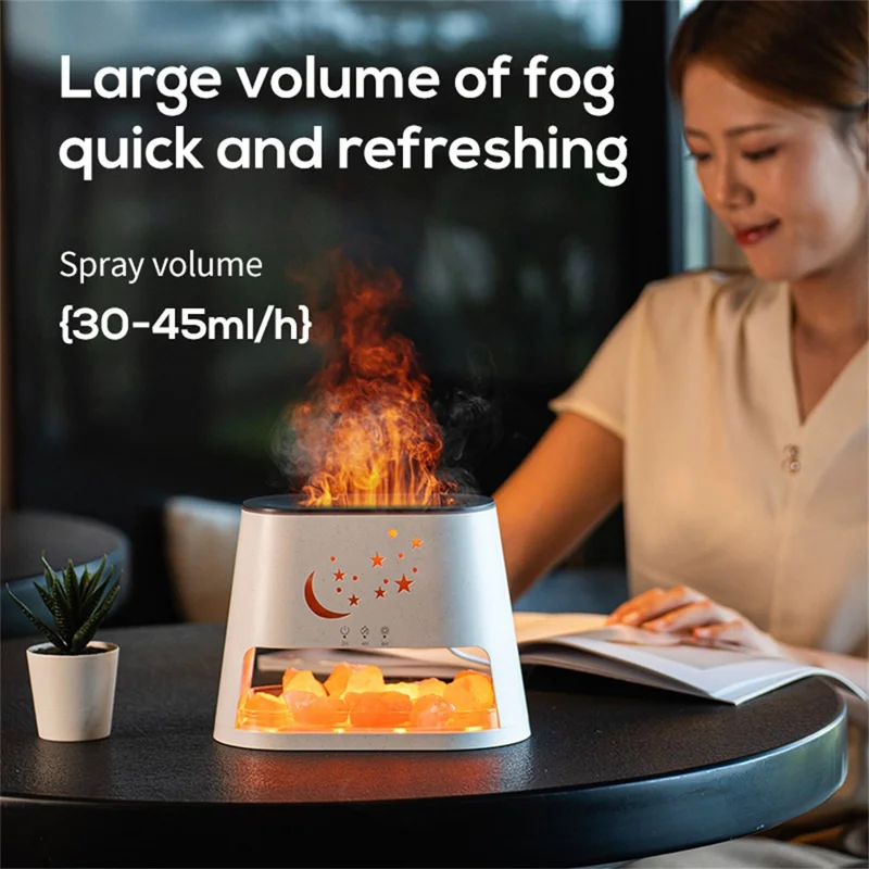 USB Salt Stone Flame Diffuser 3D Fire Effect Air Humidifier with 7 Color Lights for Home / Office Desktop - Black