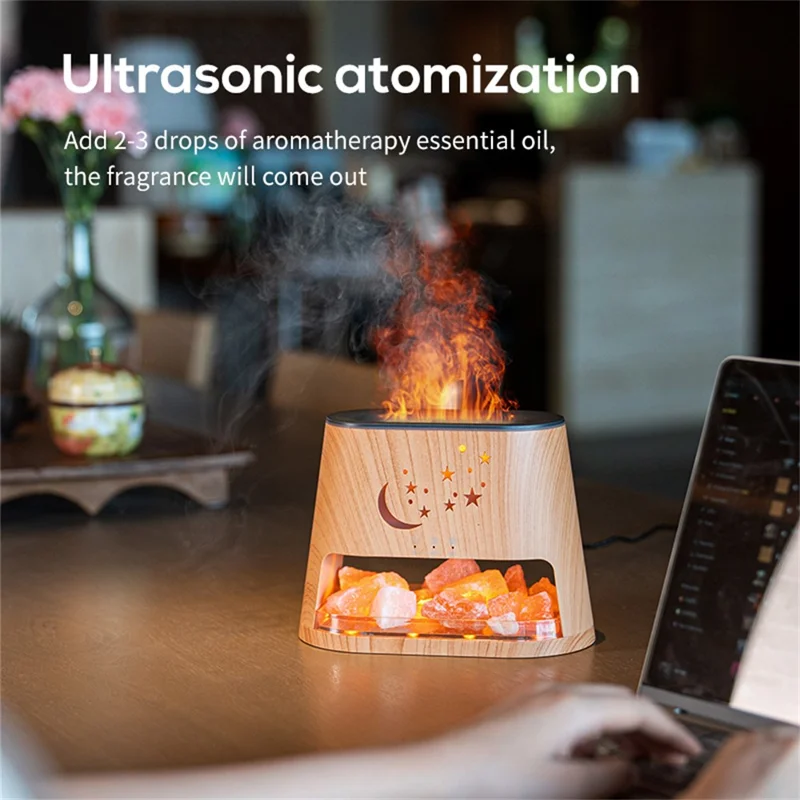 USB Salt Stone Flame Diffuser 3D Fire Effect Air Humidifier with 7 Color Lights for Home / Office Desktop - Black