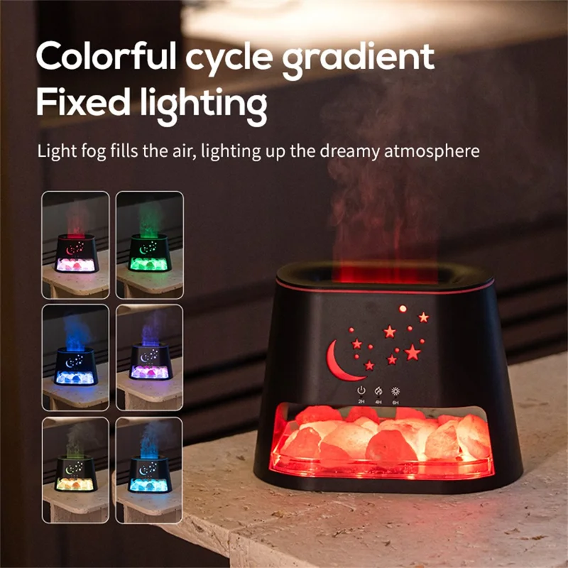 USB Salt Stone Flame Diffuser 3D Fire Effect Air Humidifier with 7 Color Lights for Home / Office Desktop - Black