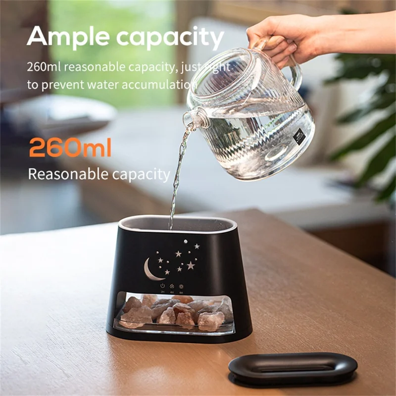 USB Salt Stone Flame Diffuser 3D Fire Effect Air Humidifier with 7 Color Lights for Home / Office Desktop - Black