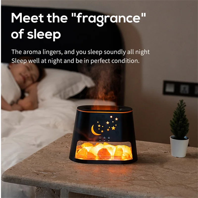 USB Salt Stone Flame Diffuser 3D Fire Effect Air Humidifier with 7 Color Lights for Home / Office Desktop - Black