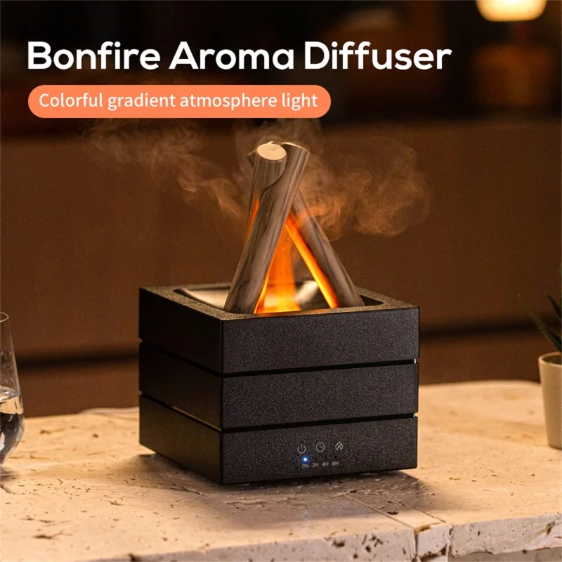 USB Campfire Aroma Diffuser Desktop Air Humidifier with 7-Color Gradient Flame Effect - Black