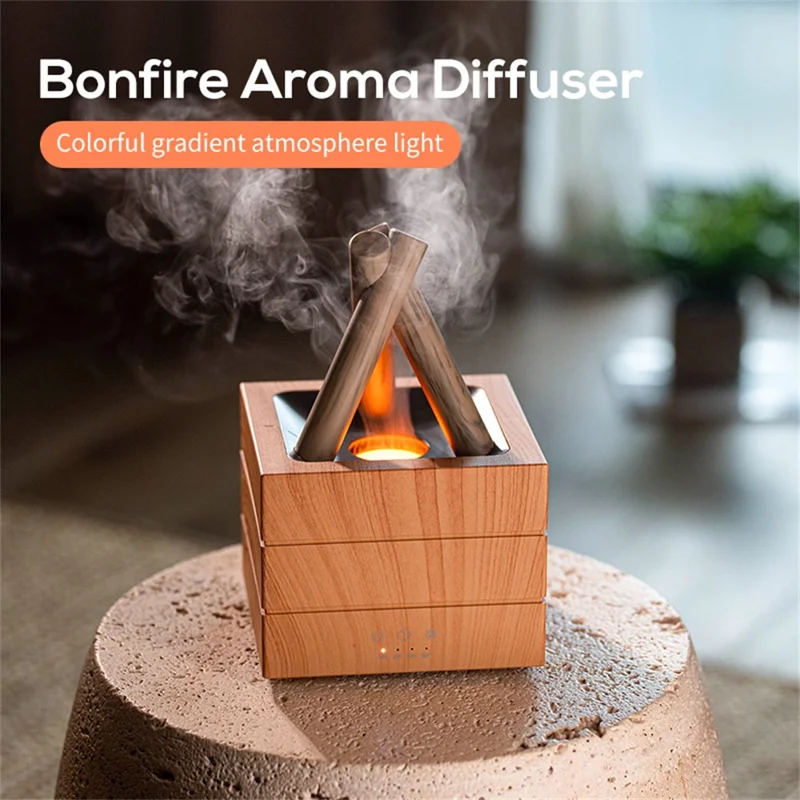 USB Campfire Aroma Diffuser Desktop Air Humidifier with 7-Color Gradient Flame Effect - Black