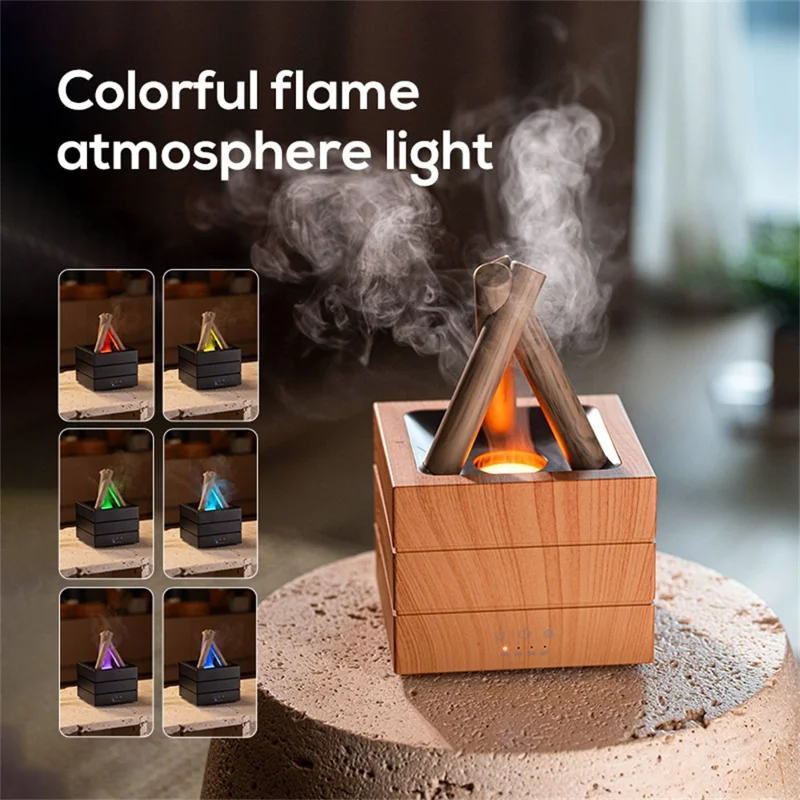 USB Campfire Aroma Diffuser Desktop Air Humidifier with 7-Color Gradient Flame Effect - Black