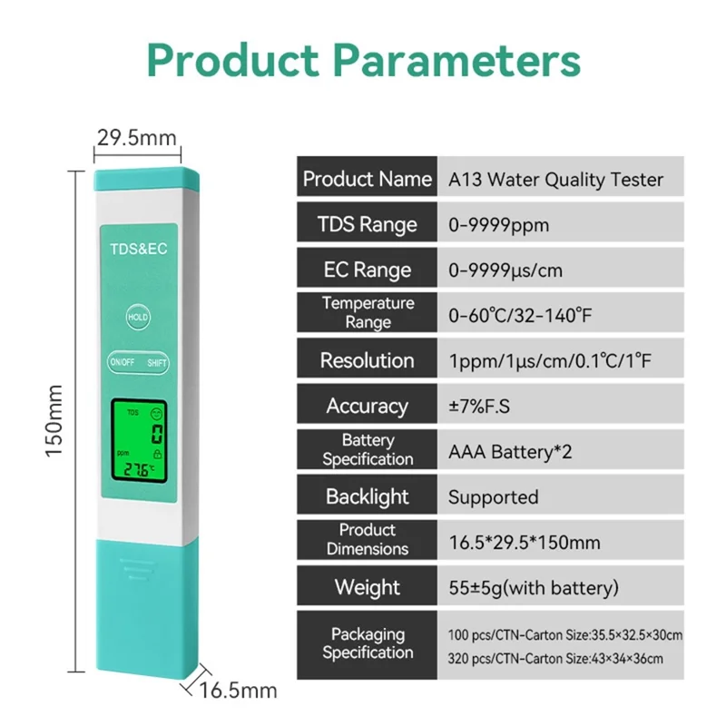 A13 bärbar testare för vattenkvalitet EC TDS temperaturmätare för dricksvatten högprestandas digital testpenna