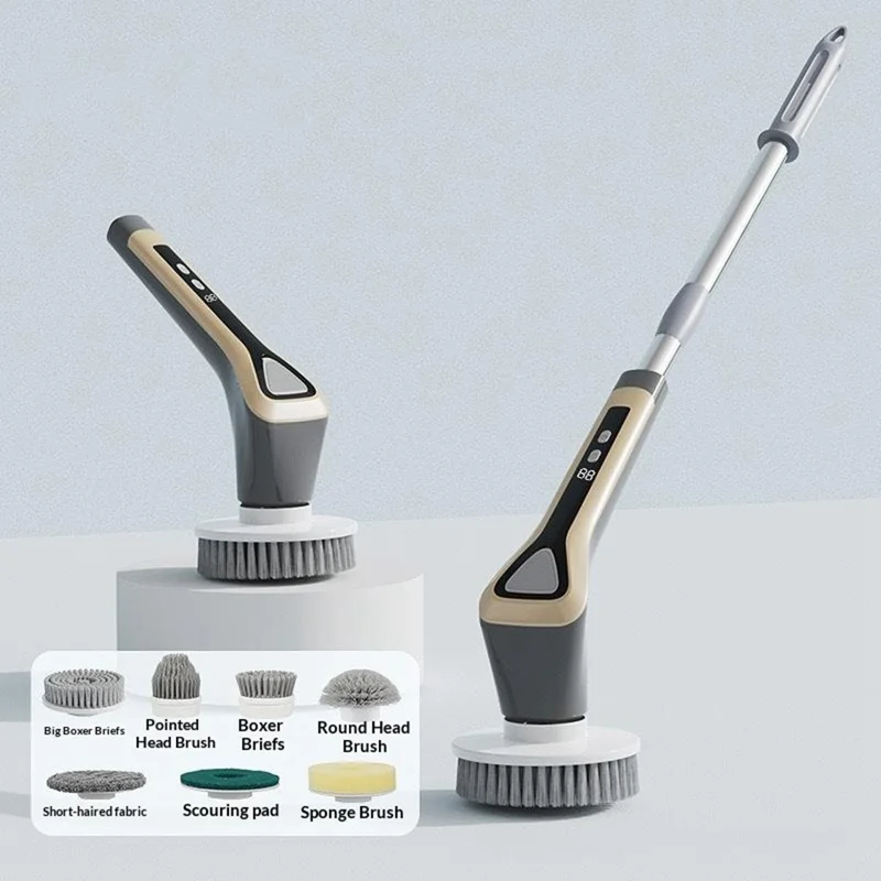 Многофункциональная электрическая выдвижная чистящая щетка, беспроводная ручная кухонная и ванная комната, 7 насадок для щетки, 2 режима скорости - светло-серый
