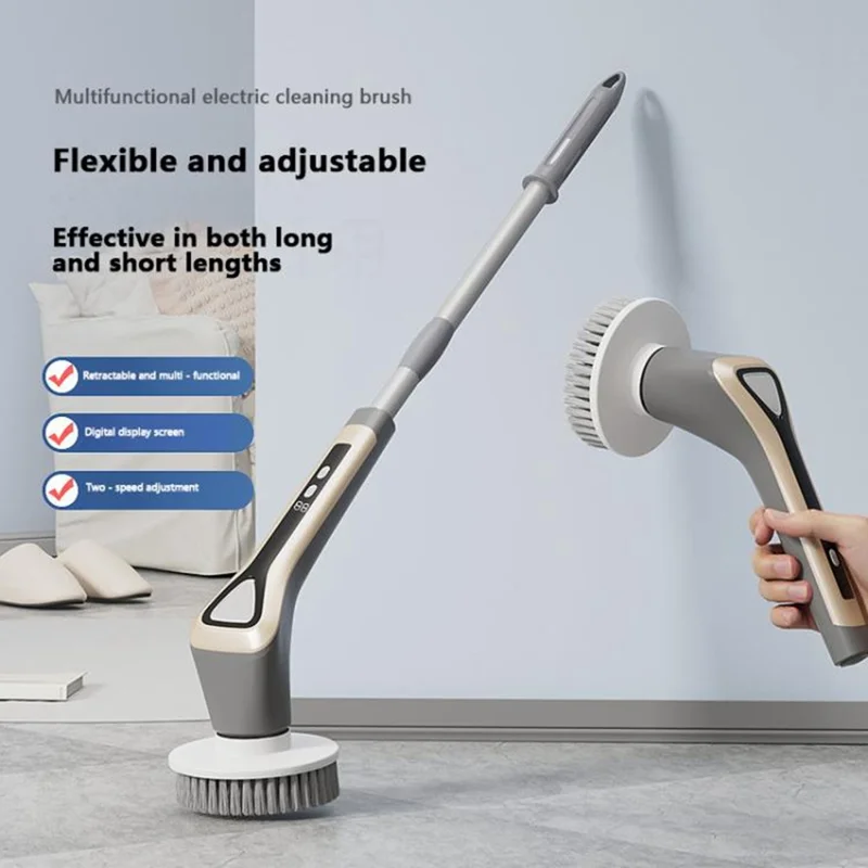 Многофункциональная электрическая выдвижная чистящая щетка, беспроводная ручная кухонная и ванная комната, 7 насадок для щетки, 2 режима скорости - светло-серый