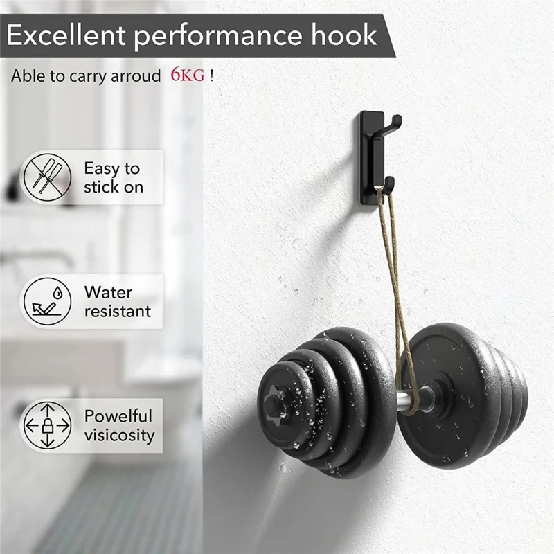1Pc Heavy Duty Dual Adhesive Hook Stainless Steel Double Hanger No Drill for Hats  /  Coats  /  Bags - Black