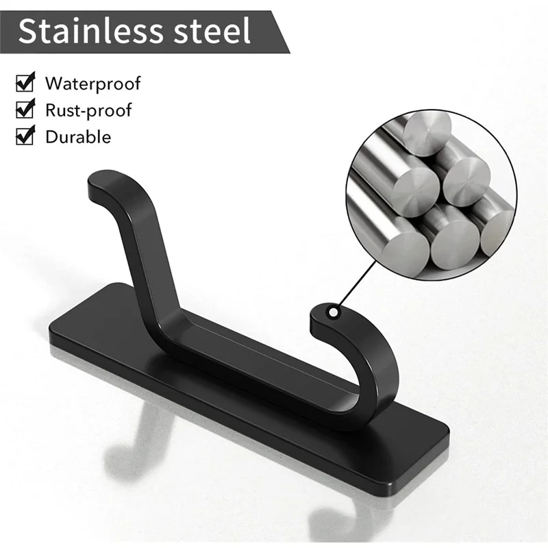 1Pc Heavy Duty Dual Adhesive Hook Stainless Steel Double Hanger No Drill for Hats  /  Coats  /  Bags - Black