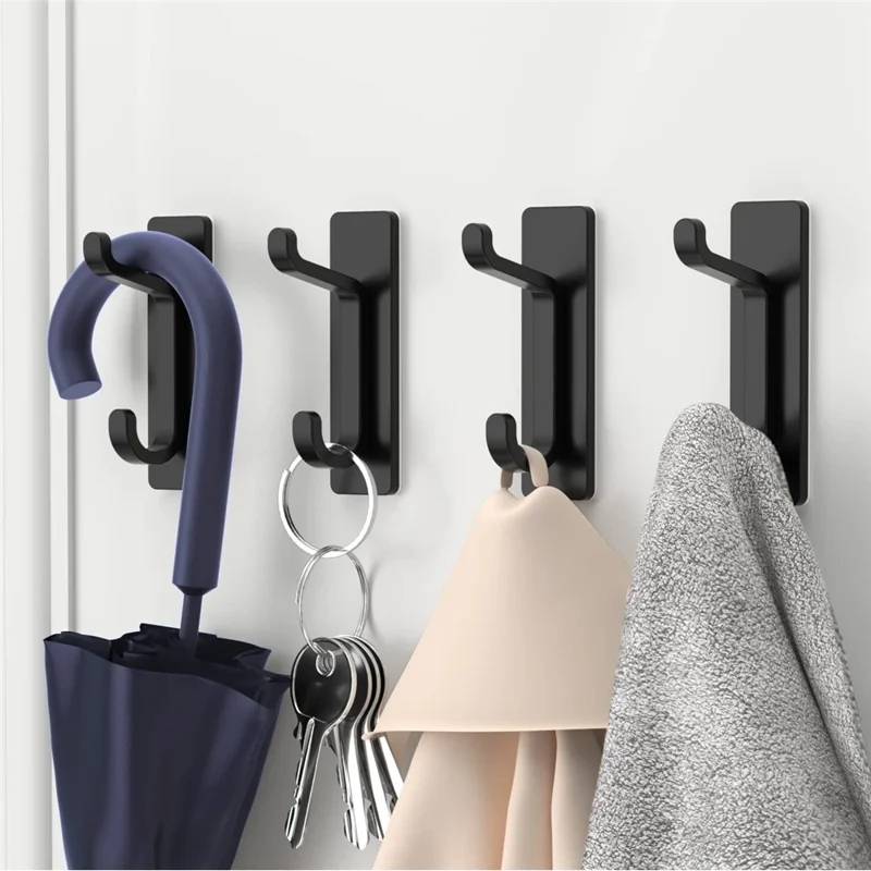 1Pc Heavy Duty Dual Adhesive Hook Stainless Steel Double Hanger No Drill for Hats  /  Coats  /  Bags - Black