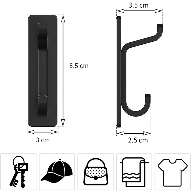 1Pc Heavy Duty Dual Adhesive Hook Stainless Steel Double Hanger No Drill for Hats  /  Coats  /  Bags - Black