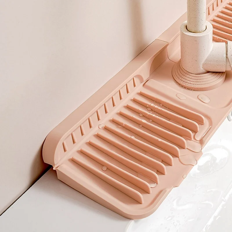 Alfombrilla de drenaje de silicona de gran tamaño de 37 cm, organizador de fregadero de cocina plegable a 90°, antideslizante y a prueba de fugas, color rosa