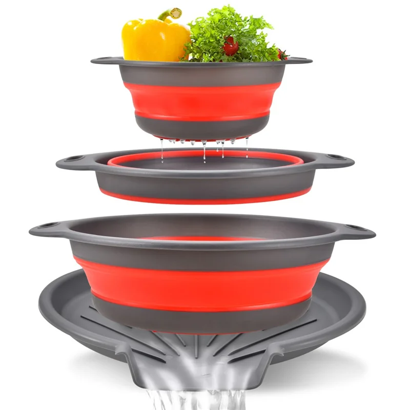 4Pcs PP Collapsible Strainer Groove Sink Drain Basket Space Saving Efficient Water Draining (BPA-Free) - Red