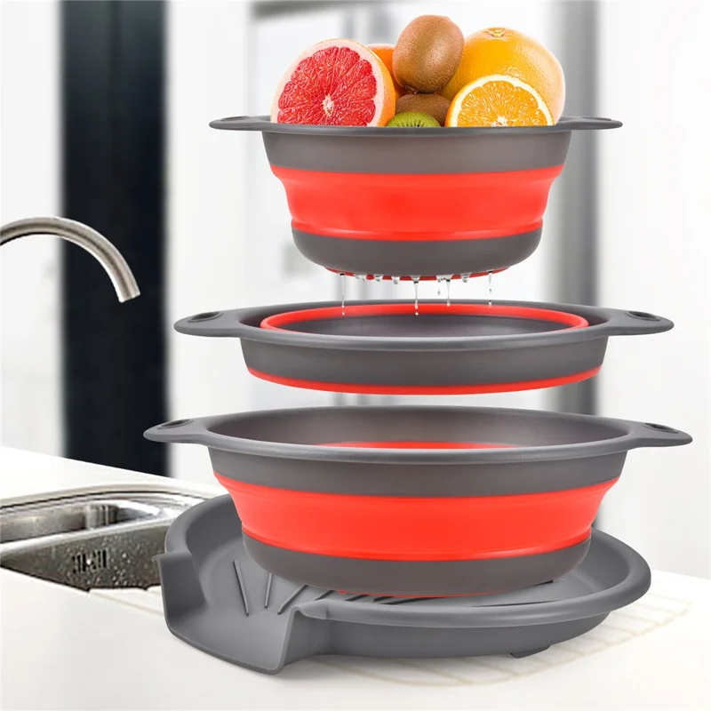 4Pcs PP Collapsible Strainer Groove Sink Drain Basket Space Saving Efficient Water Draining (BPA-Free) - Red