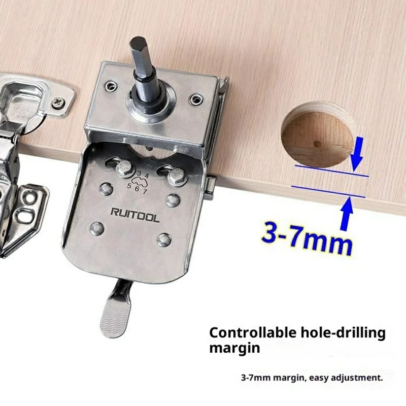 Stainless Steel Hinge Hole Jig with 3-Blade Drill Bit for Cabinet Doors, Adjustable Fast Positioning Woodworking Hinge Drill Guide