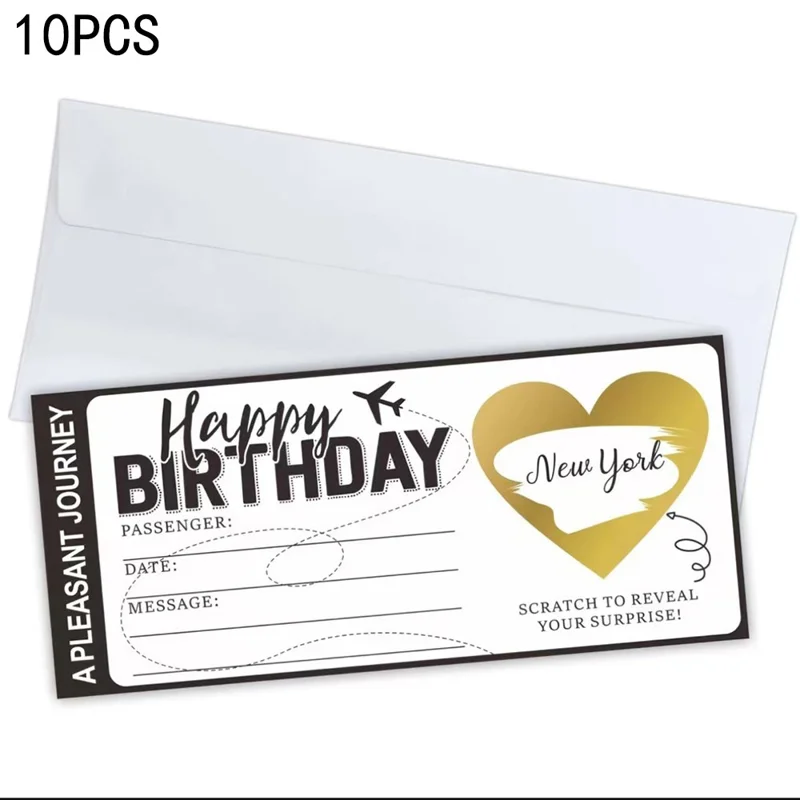 Zestaw 10 sztuk samodzielnie wykonywanych kuponów z niespodziankami w formie biletów lotniczych z kopertami, naklejki typu scratch-off na wydarzenia tematyczne podróżnicze - cały czarny