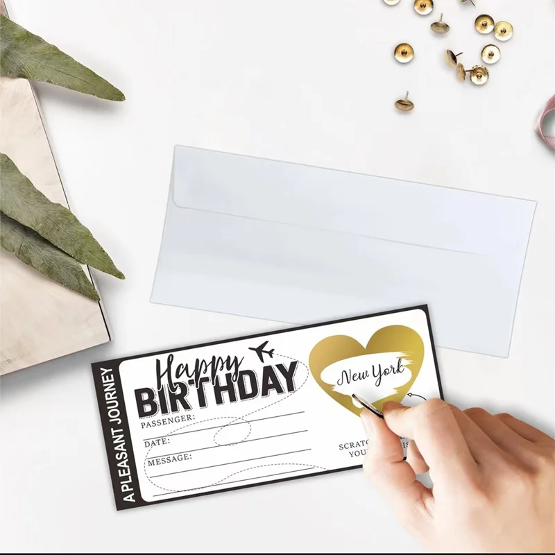 Zestaw 10 sztuk samodzielnie wykonywanych kuponów z niespodziankami w formie biletów lotniczych z kopertami, naklejki typu scratch-off na wydarzenia tematyczne podróżnicze - cały czarny