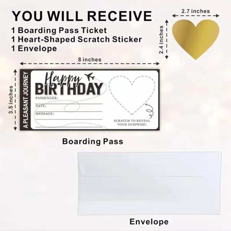 Zestaw 10 sztuk samodzielnie wykonywanych kuponów z niespodziankami w formie biletów lotniczych z kopertami, naklejki typu scratch-off na wydarzenia tematyczne podróżnicze - cały czarny