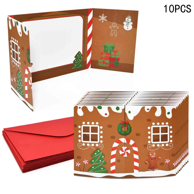 10-pakke julekort med gingerbread hus (10 kort + 10 konvolutter) tredelt dobbeltsidet pynt til fest