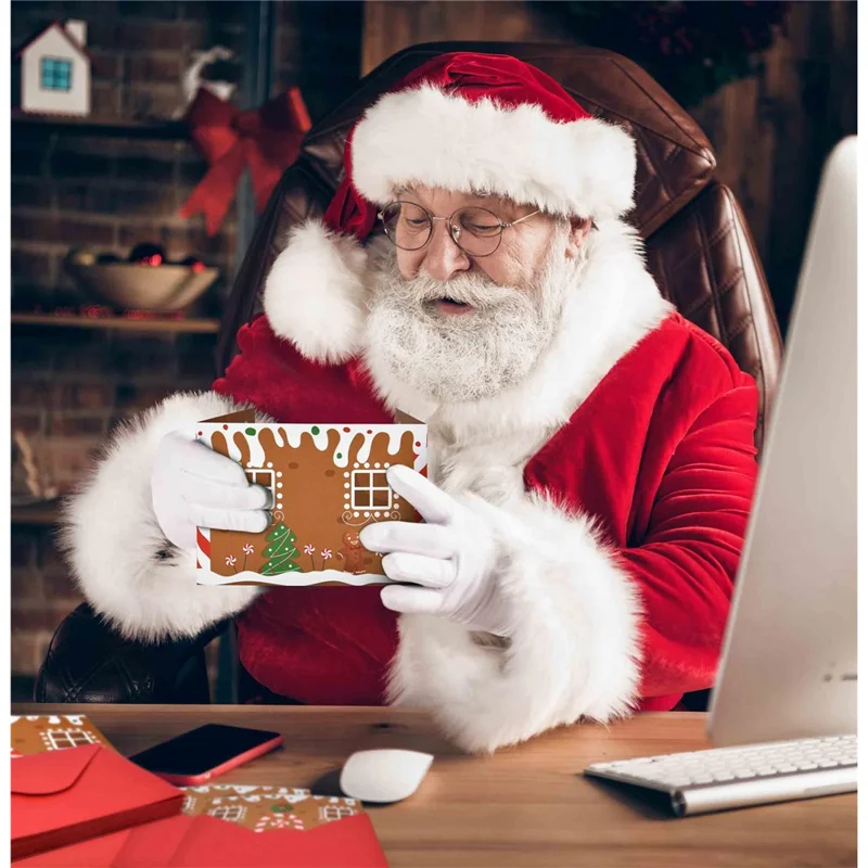 10-pakke julekort med gingerbread hus (10 kort + 10 konvolutter) tredelt dobbeltsidet pynt til fest