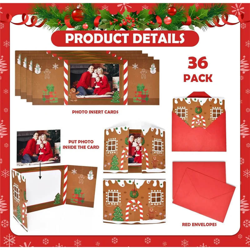 10-pakke julekort med gingerbread hus (10 kort + 10 konvolutter) tredelt dobbeltsidet pynt til fest