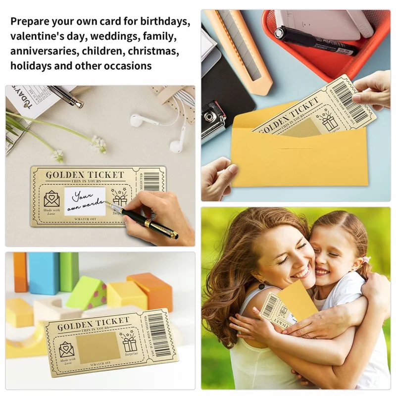 Guld-billet skrabelsedler DIY fødselsdagsindbydelseskort med konvolutter til festlige begivenheder