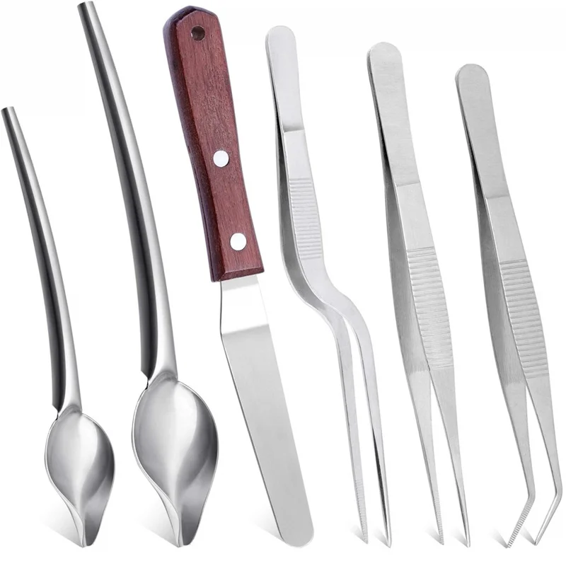 6Pcs Plating Tools Set Decorating Spoons Kit Stainless Steel Tweezers Sauce Drawing Spoon for Cooking / Baking / Dessert Decoration (No FDA) - Brown