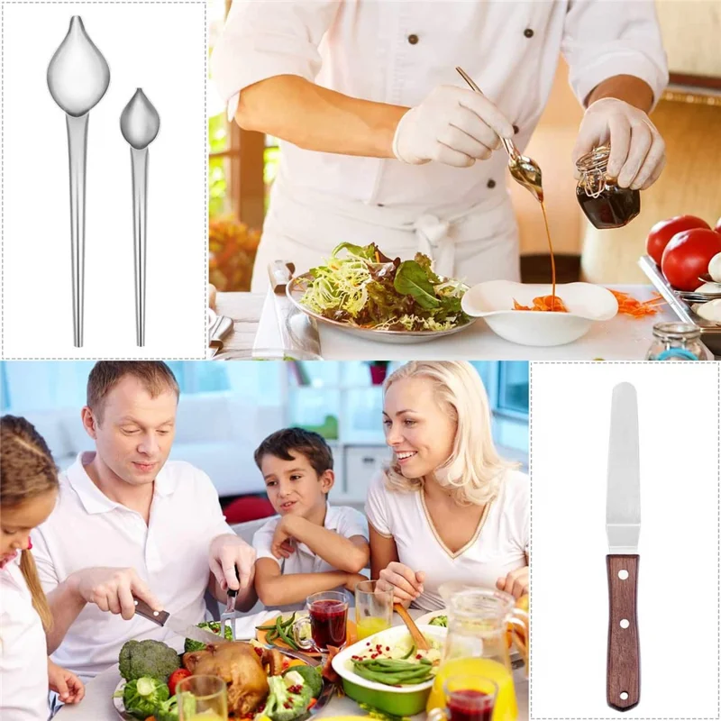 6Pcs Plating Tools Set Decorating Spoons Kit Stainless Steel Tweezers Sauce Drawing Spoon for Cooking / Baking / Dessert Decoration (No FDA) - Brown