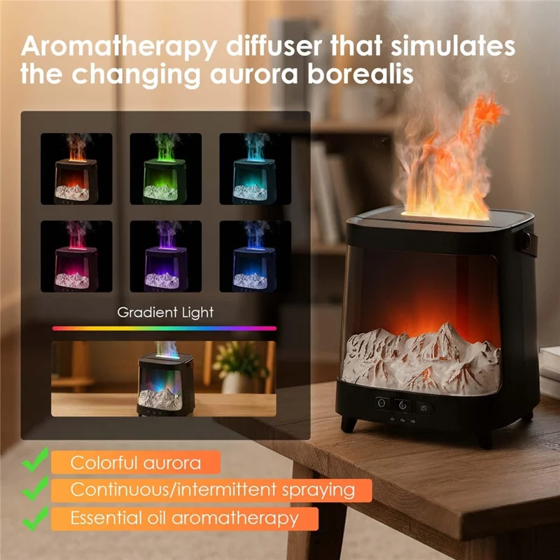 Aurora Diffuser Air Humidifier USB Aroma Mist Maker Simulated Snow Mountain Multi Color Flame Atmosphere Light - Black
