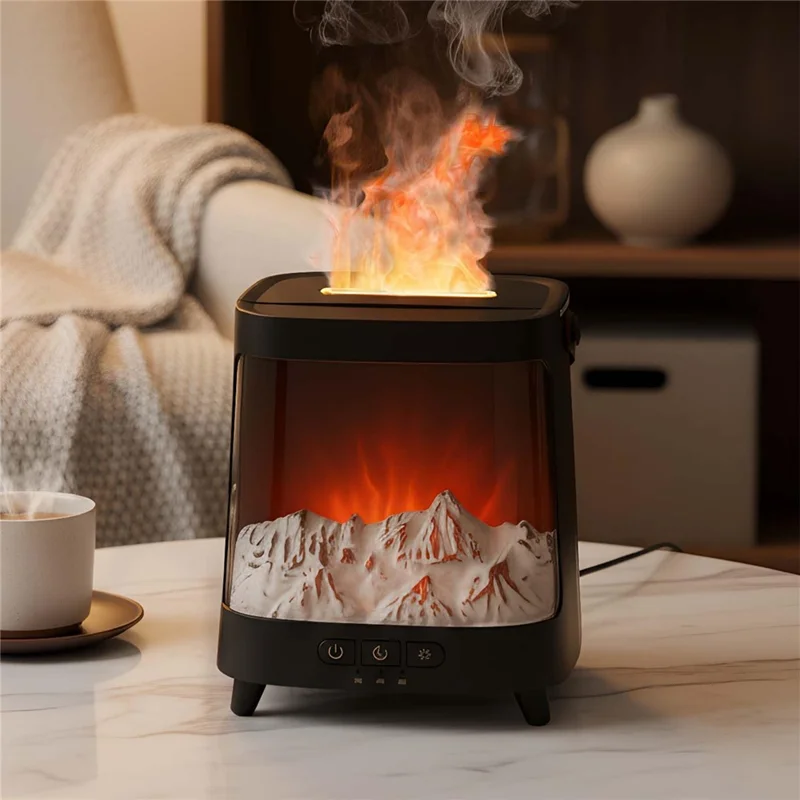 Aurora Diffuser Air Humidifier USB Aroma Mist Maker Simulated Snow Mountain Multi Color Flame Atmosphere Light - Black