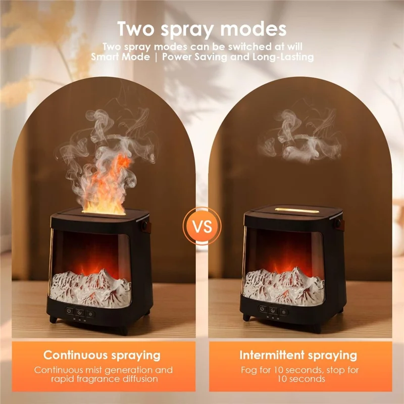 Aurora Diffuser Air Humidifier USB Aroma Mist Maker Simulated Snow Mountain Multi Color Flame Atmosphere Light - Black