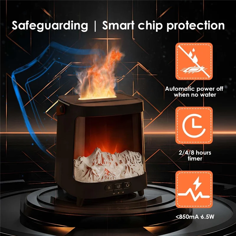 Aurora Diffuser Air Humidifier USB Aroma Mist Maker Simulated Snow Mountain Multi Color Flame Atmosphere Light - Black