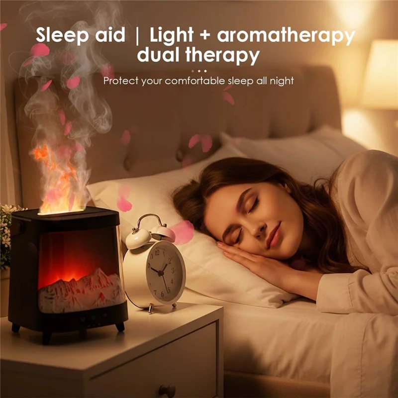 Aurora Diffuser Air Humidifier USB Aroma Mist Maker Simulated Snow Mountain Multi Color Flame Atmosphere Light - Black