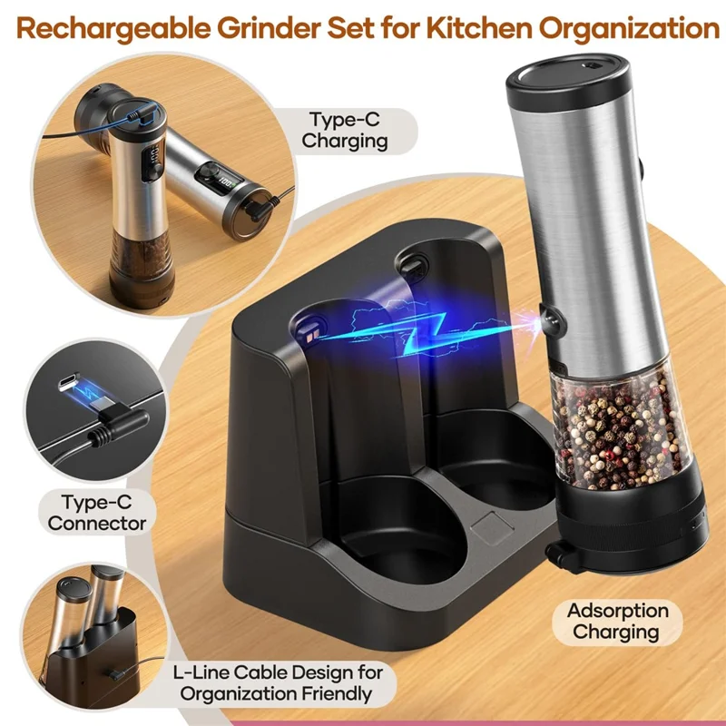 Molinillo Eléctrico de Acero Inoxidable para Especias, Molinillo de Pimienta Recargable con Base que Muestra el Nivel de Batería y Ajuste de Groorura