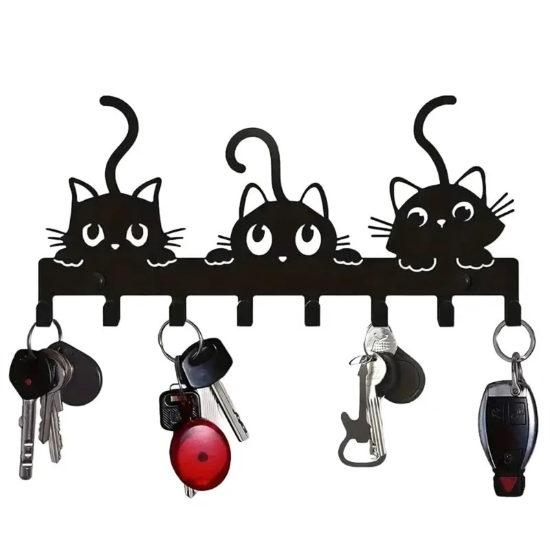 Animal Shaped Key Holder Wall Mount Hook Metal Iron Paw Print Hanger for Entryway Decorative Storage Organizer - Three Cats