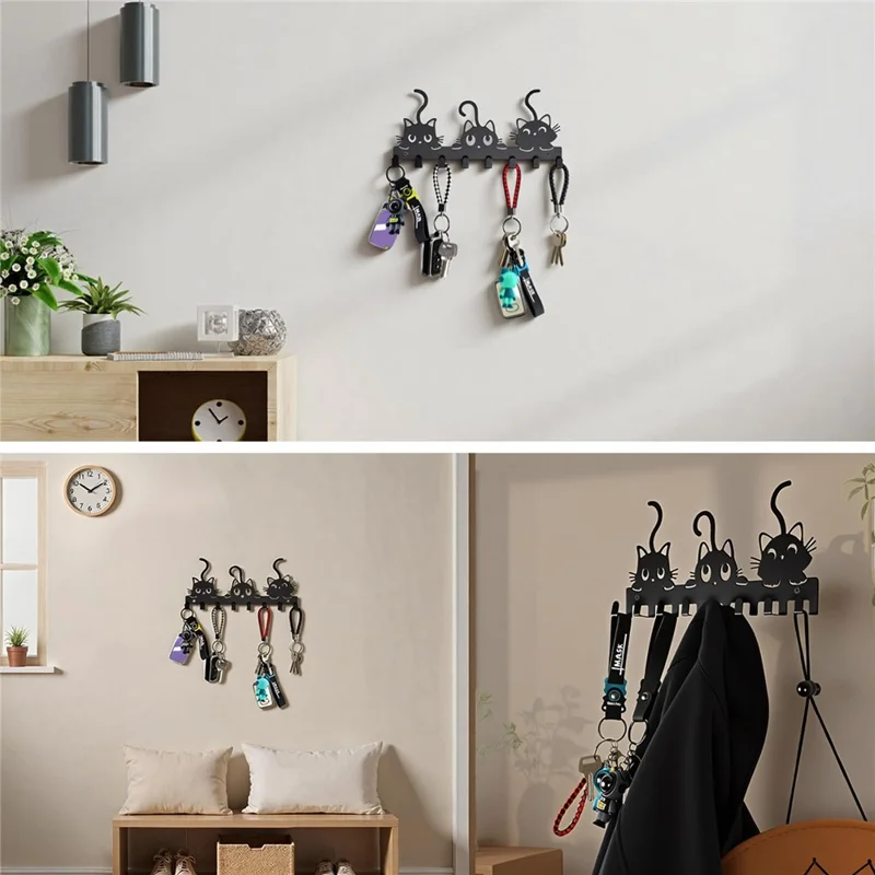 Animal Shaped Key Holder Wall Mount Hook Metal Iron Paw Print Hanger for Entryway Decorative Storage Organizer - Three Cats