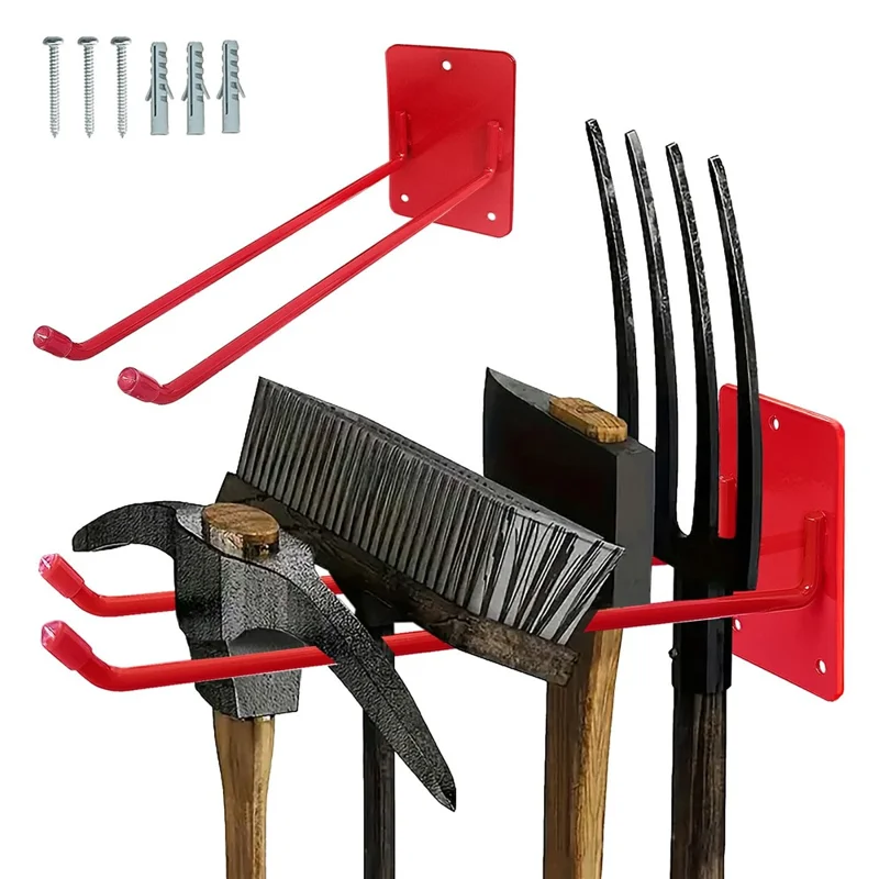 Rack de Rangement Mural pour Outils de Jardin, Support Robuste en Fer Résistant à la Rouille, Organisateur pour Jardin, Balcon, Garage - Rouge
