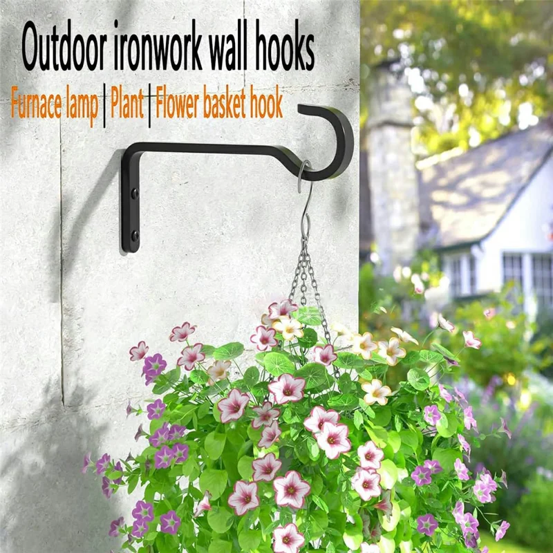 Crochet décoratif pour balcon et jardin, support en fer robuste, résistant à la rouille, support mural pour pots de fleurs, éoliennes, lanternes - Noir