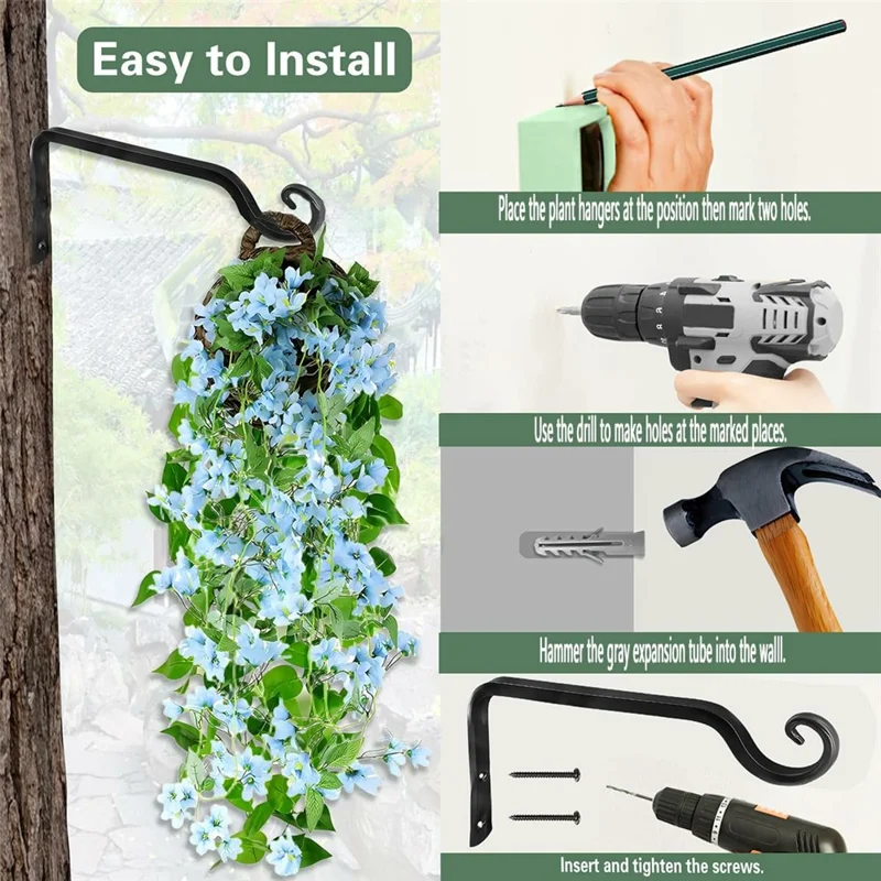 Crochet décoratif pour balcon et jardin, support en fer robuste, résistant à la rouille, support mural pour pots de fleurs, éoliennes, lanternes - Noir