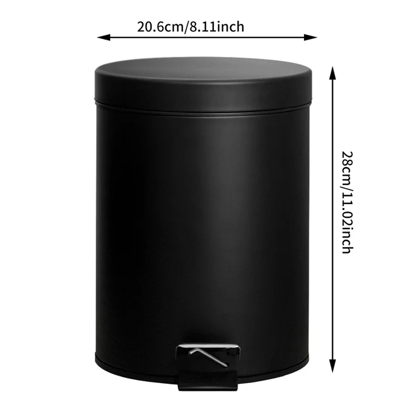 5-литровая круглая мусорная корзина из нержавеющей стали, бесшумная педальная крышка с крышкой для спальни, ванной комнаты - черная