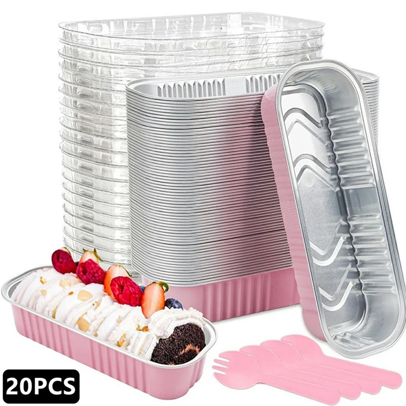 20 Peças/Conjunto de Formas de Alumínio com Tampa Transparente e Colher de Plástico, Formas de Pão Mini para Cozinha (Sem BPA, Sem FDA) - Rosa