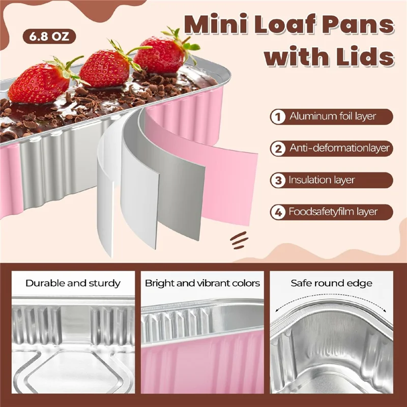 20 Peças/Conjunto de Formas de Alumínio com Tampa Transparente e Colher de Plástico, Formas de Pão Mini para Cozinha (Sem BPA, Sem FDA) - Rosa