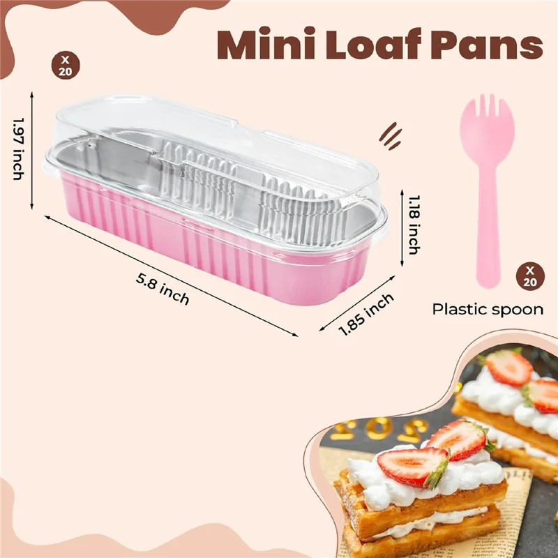 20 Peças/Conjunto de Formas de Alumínio com Tampa Transparente e Colher de Plástico, Formas de Pão Mini para Cozinha (Sem BPA, Sem FDA) - Rosa